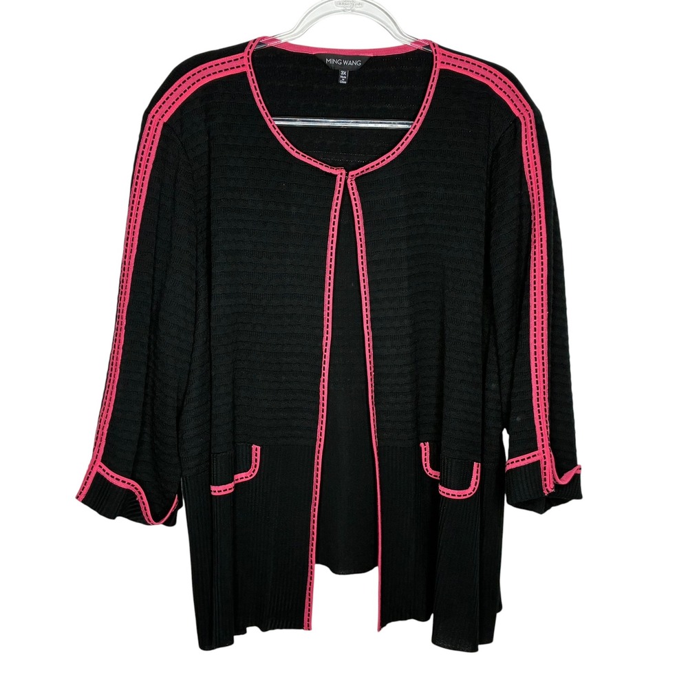 Ming Wang Womens 3X Black Pink Trim Knit Open Front Cardigan Jacket 3/4 Sleeve